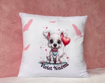 Kissen mit Hund weiß rosa, personalisiertes Geschenk, individuell handgefertigt bedruckt nach Wunsch