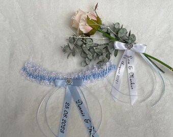 Strumpfband personalisiert, Spitzenband Hochzeit weiß-blau, Geschenk Braut