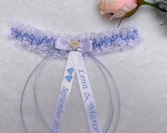 Strumpfband personalisiert, Spitzenband Hochzeit weiß-blau, Geschenk Braut