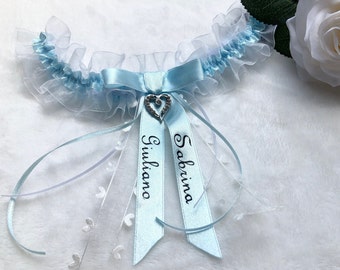 Strumpfband personalisiert, Etwas blaues, Organza  weiß blau, Junggesellinnen Trauung, Hochzeitsaccessoires, bedruckt Namen Datum, Geschenk