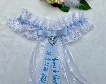 Strumpfband Hochzeit personalisierte, Brautstrumpfband weiß blau, Spitzenband, Geschenk Braut, Etwas Blaues