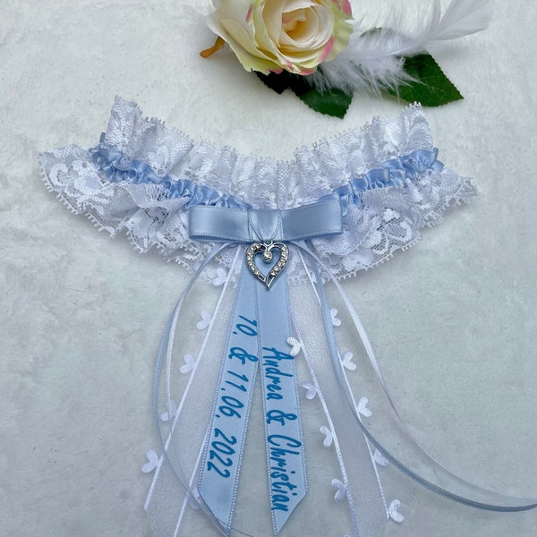 Strumpfband Hochzeit personalisierte, Brautstrumpfband weiß blau, Spitzenband, Geschenk Braut, Etwas Blaues