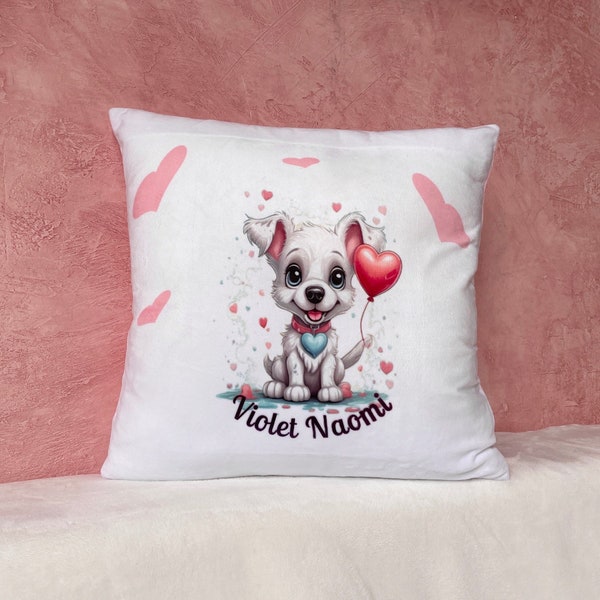 Kissen mit Hund weiß rosa, personalisiertes Geschenk, individuell handgefertigt bedruckt nach Wunsch