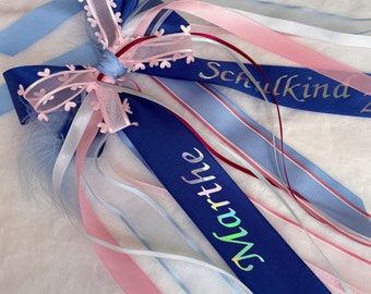 Personalisierte Schleife, Geschenkschleife mit Namen, Schultütenschleife handgefertigt blau-rosa