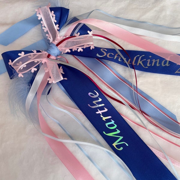 Personalisierte Schleife, Geschenkschleife mit Namen, Schultütenschleife handgefertigt blau-rosa