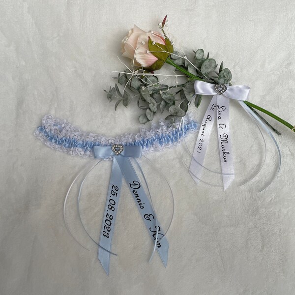 Strumpfband personalisiert, Spitzenband Hochzeit weiß-blau, Geschenk Braut