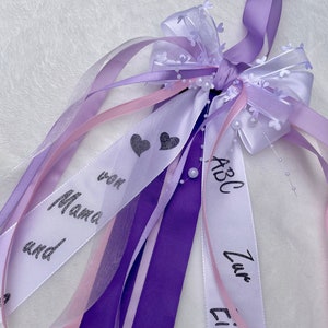 Personalized bow white-purple, gift bow, bow school bag, bow printed, name bow, car bow