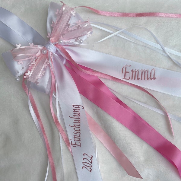 Personalisierte Schleife weiß- rosa, Geschenkschleife, Schleife für Geschenk, Taufe, Hochzeit, Taufe, Schultüte