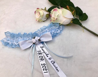 Personalized garter, lace garter bride blue white, wedding ceremony, wedding accessories, garter name date, wedding gift