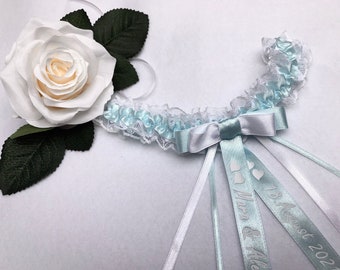 Garter personalized, lace garter bride blue white, wedding ceremony, wedding accessories