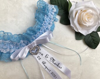 Strumpfband blaue Spitze personalisiert, Strumpfband für Hochzeit handgefertigt