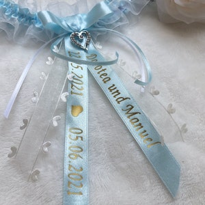 Strumpfband personalisiert, Etwas blaues, Organza weiß blau, Junggesellinnen Trauung, Hochzeitsaccessoires, bedruckt Namen Datum, Geschenk Bild 8