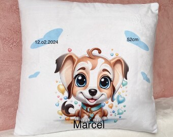 Personalisiertes Kissen mit Hund, Geschenk personalisiert bedruckt handgefertigt, weißes blaues Kissen Kinder