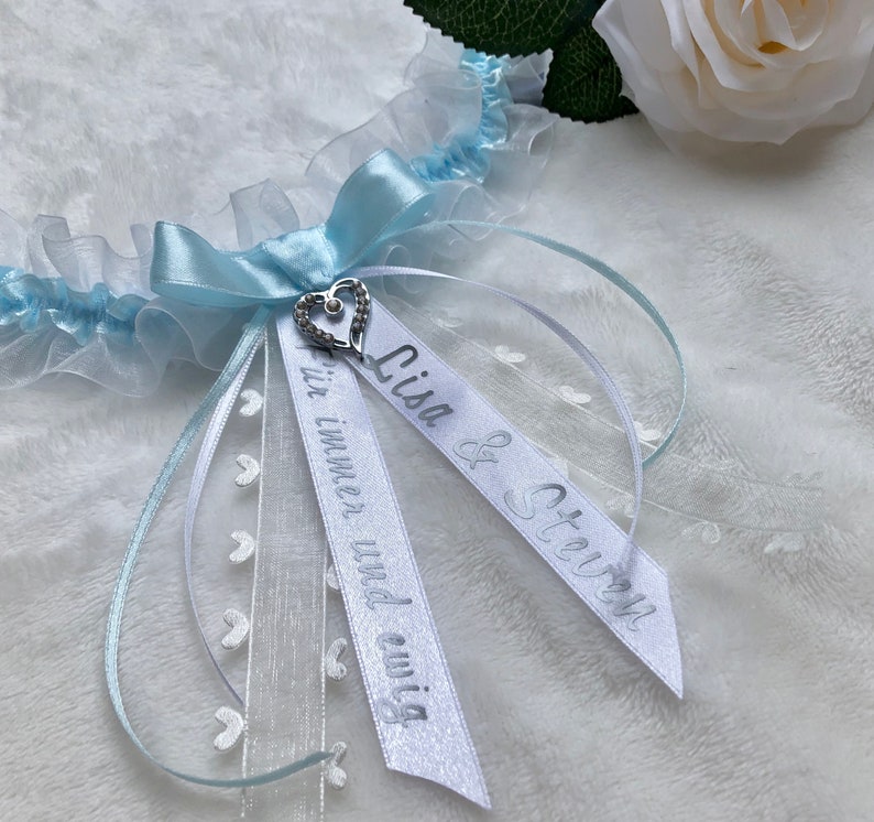 Strumpfband personalisiert, Etwas blaues, Organza weiß blau, Junggesellinnen Trauung, Hochzeitsaccessoires, bedruckt Namen Datum, Geschenk Bild 7