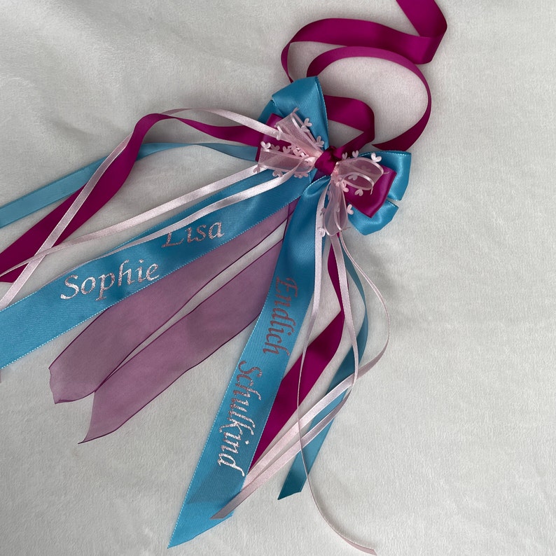 Schleife Schultüte, personalisierte Schleife Zuckertüte Einschulung, handgefertigte Schleife blau magenta rosa Bild 1