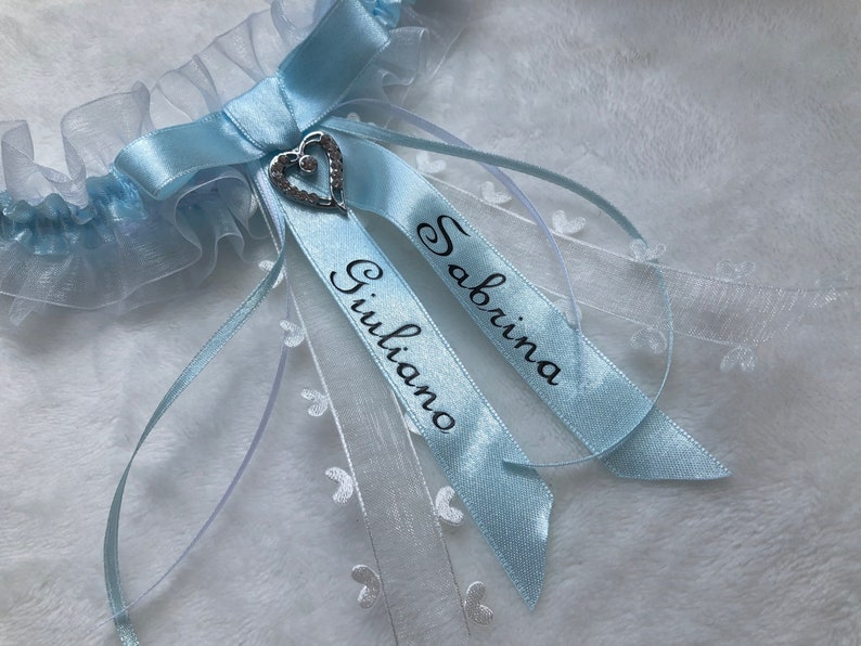Strumpfband personalisiert, Etwas blaues, Organza weiß blau, Junggesellinnen Trauung, Hochzeitsaccessoires, bedruckt Namen Datum, Geschenk Bild 9
