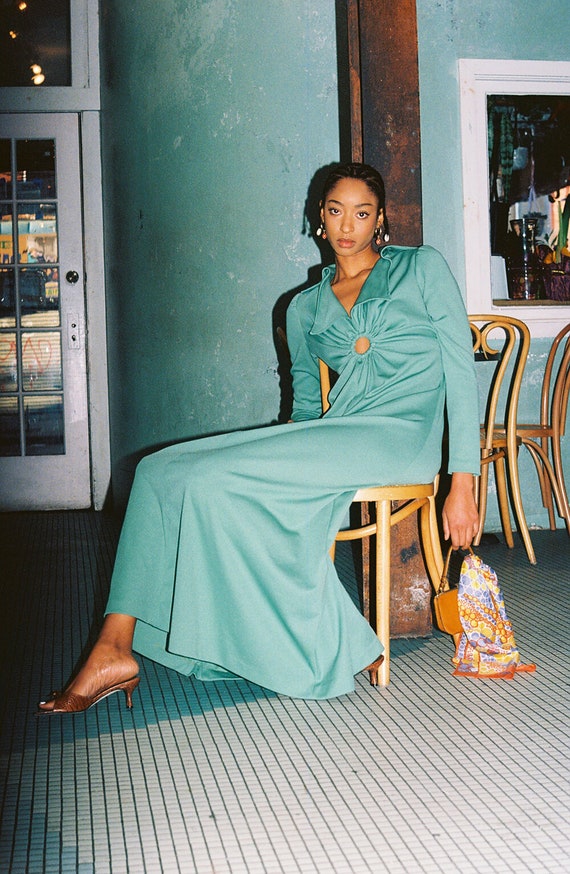 Vintage 1970s Maxi Dress Long Sleeve Green Dress