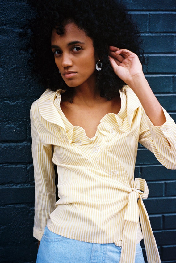 Yellow and White Ruffle Striped Blouse
