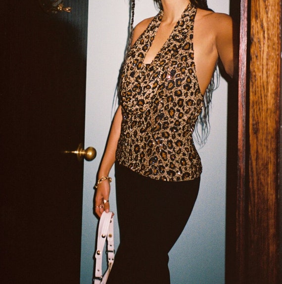 Vintage Halter Sequin Leopard Print Top