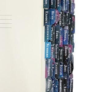 Op de afbeelding: Een boek met gekleurde tabbladen met de namen van bijbelboeken. De tabbladen hebben een galaxy-achtig ontwerp met witte tekst. De pagina's van het boek zijn wit en de tabbladen zijn in verschillende tinten blauw, paars en zwart.