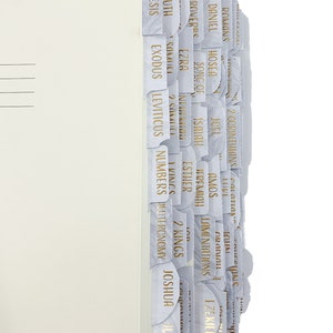 Op de afbeelding: Cr&egrave;mekleurige ordner met meerdere gelabelde tabbladen. De tabbladen zijn wit met een marmerontwerp en gouden letters, met verschillende boektitels uit de Bijbel. Het bestand is verticaal geplaatst.