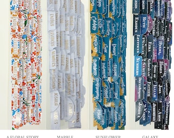 May include: Four sets of Bible tabs with different designs: floral, marble, sunflower, and galaxy. Each tab is labeled with book names from the Bible. The bottom of the image has the text "A FLORAL STORY", "MARBLE", "SUNFLOWER", and "GALAXY".