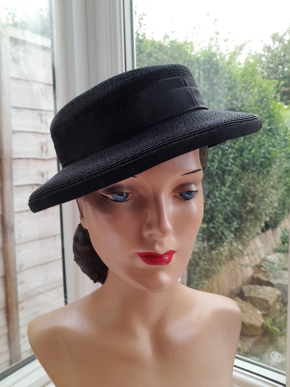 1940s Black Straw Hat **Will Ship Worldwide. Plea… - image 8