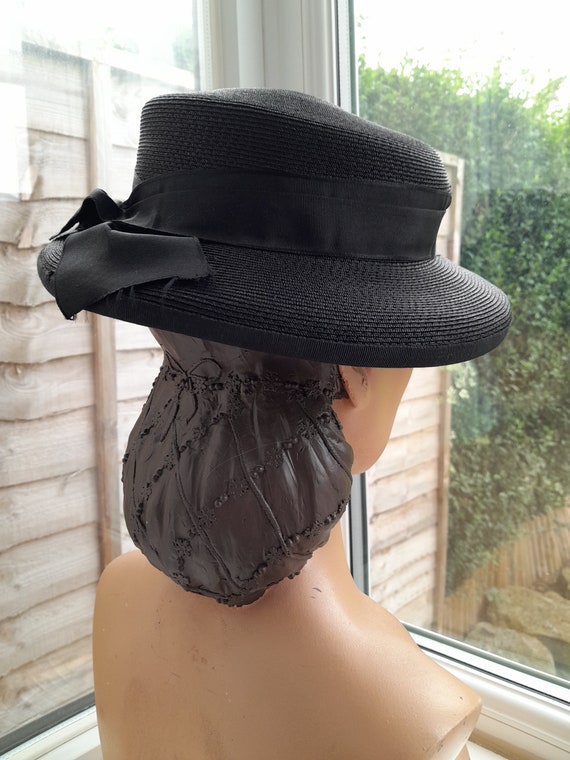 1940s Black Straw Hat **Will Ship Worldwide. Plea… - image 3