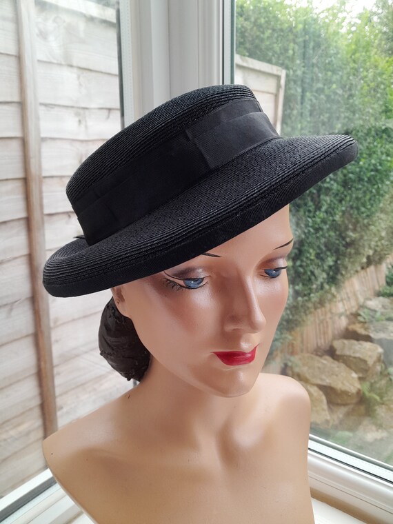 1940s Black Straw Hat **Will Ship Worldwide. Plea… - image 5