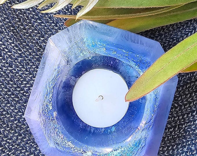 Resin tealight candle holders with alcohol ink, glitter and photo artwork