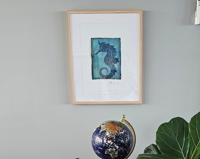 Original cyanotype artwork of seahorse, on fabric, framed
