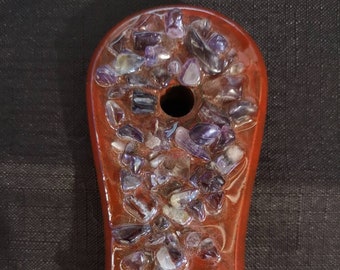 Acaciawood timber serving board with red resin art and embedded purple amethyst crystals