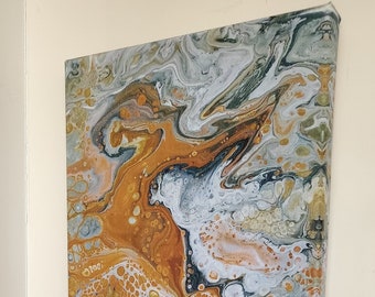 Acrylic painting on stretched canvas, orange, white and black abstract painting