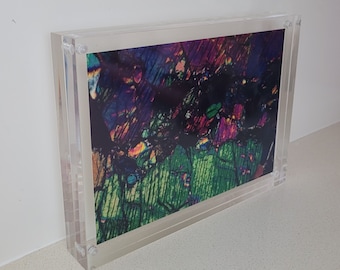 Geological thin section art, mineral photography in perspex block
