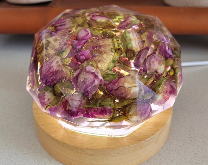 Resin LED bedside table lamp with embedded pink rose buds