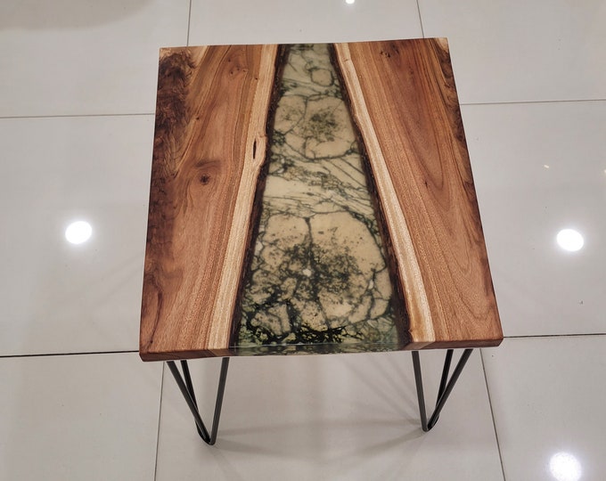 Timber coffee table with garnet thin section mineral photo in resin river