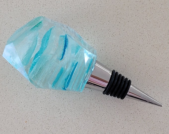 Wine bottle stopper with embedded blue and aqua sea glass, clear resin, Stainless Steel stopper