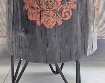 Burnt black river gum timber log stump table with copper mandala artwork