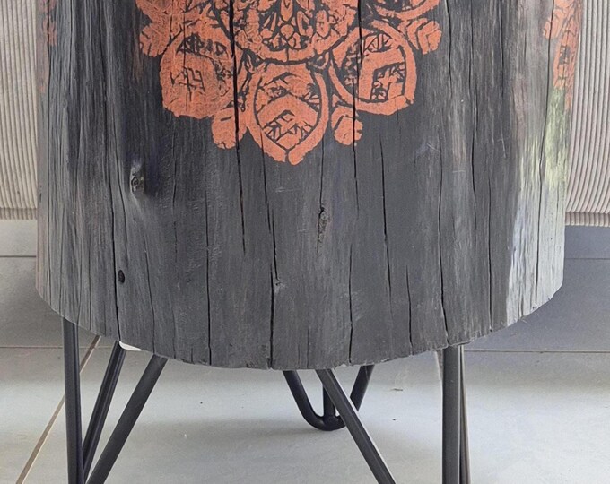Burnt black river gum timber log stump table with copper mandala artwork