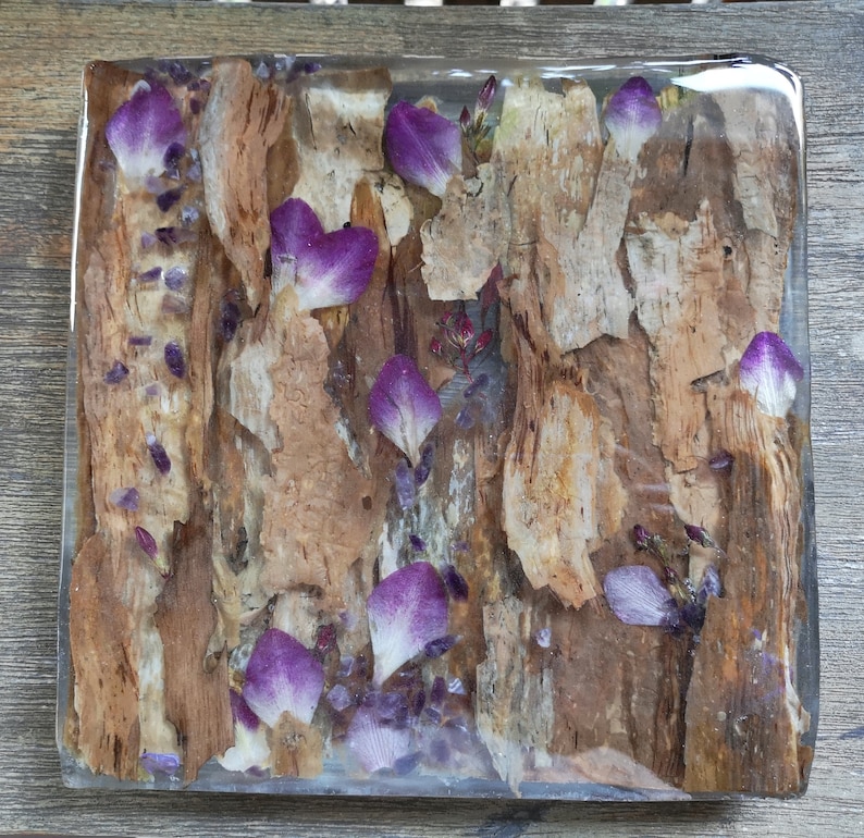 orchid and amethyst resin table centrepiece Bark