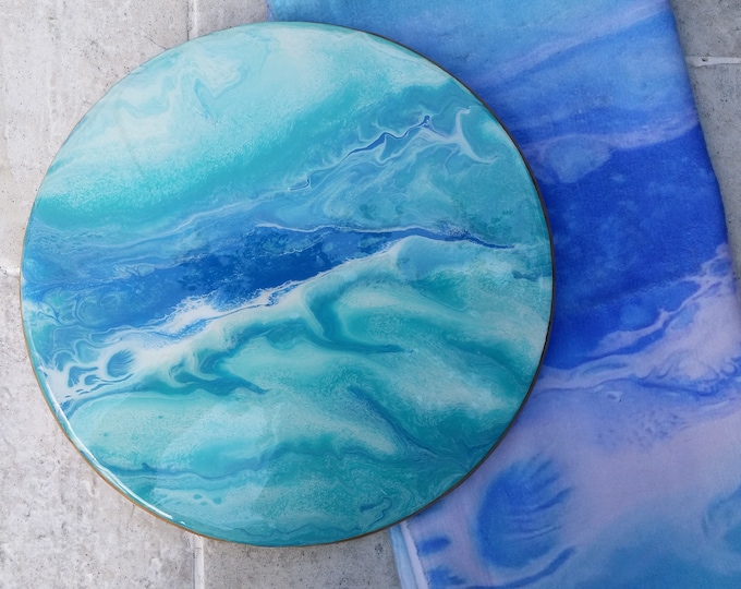 Resin and Timber Table Centrepiece featuring hand painted blue and white abstract artwork