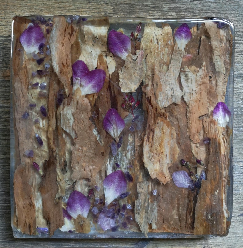 orchid and amethyst resin table centrepiece Bark