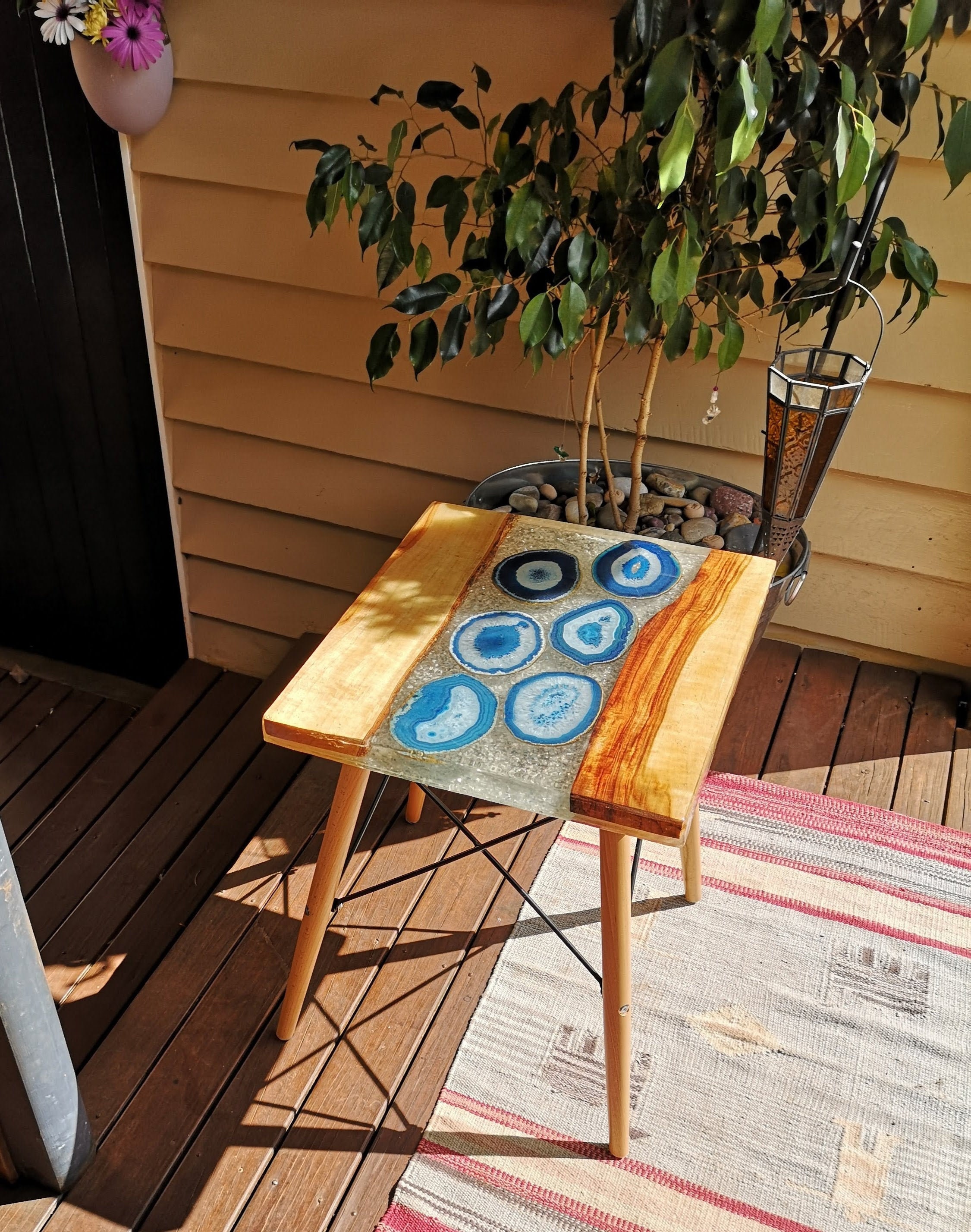 Timber and resin river coffee table with blue agate slices