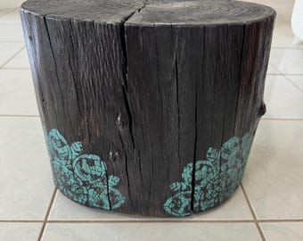 Burnt black river gum timber home decor log stump table with teal mandala artwork
