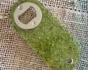 Luxury resin bottle opener with inlaid green peridot semi-precious gemstones