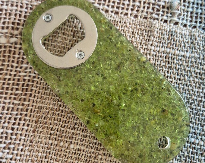 Luxury resin bottle opener with inlaid green peridot semi-precious gemstones