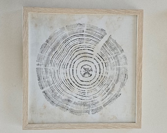 Black ink print on organic cotton fabric of Australian river gum stump, framed