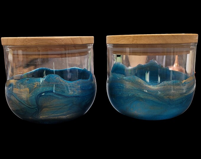 Glass storage jar set with teal and gold resin and bamboo lids