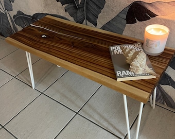 Camphour and white resin inlay Hampton's style coffee table with white hairpin legs