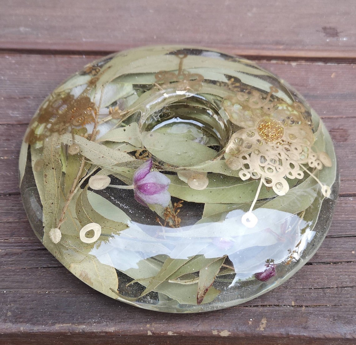 Resin tea light candle holder with dried leaves flower buds Etsy